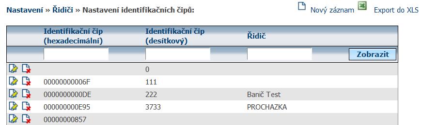 Pokud již uživatel přiřadil čip nějakému řidiči, pak je zde vidět také tato vazba.