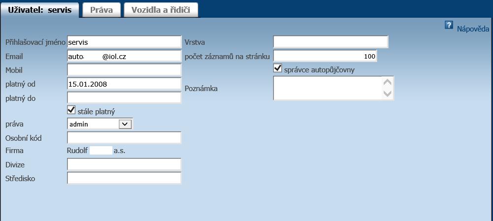 E-mail - uživatelův e-mail. Tento e-mail se také doplňuje u potvrzování knihy jízd, cestovních příkazů, odesílání úloh emailem a také pro zasílání novinek o aplikaci.