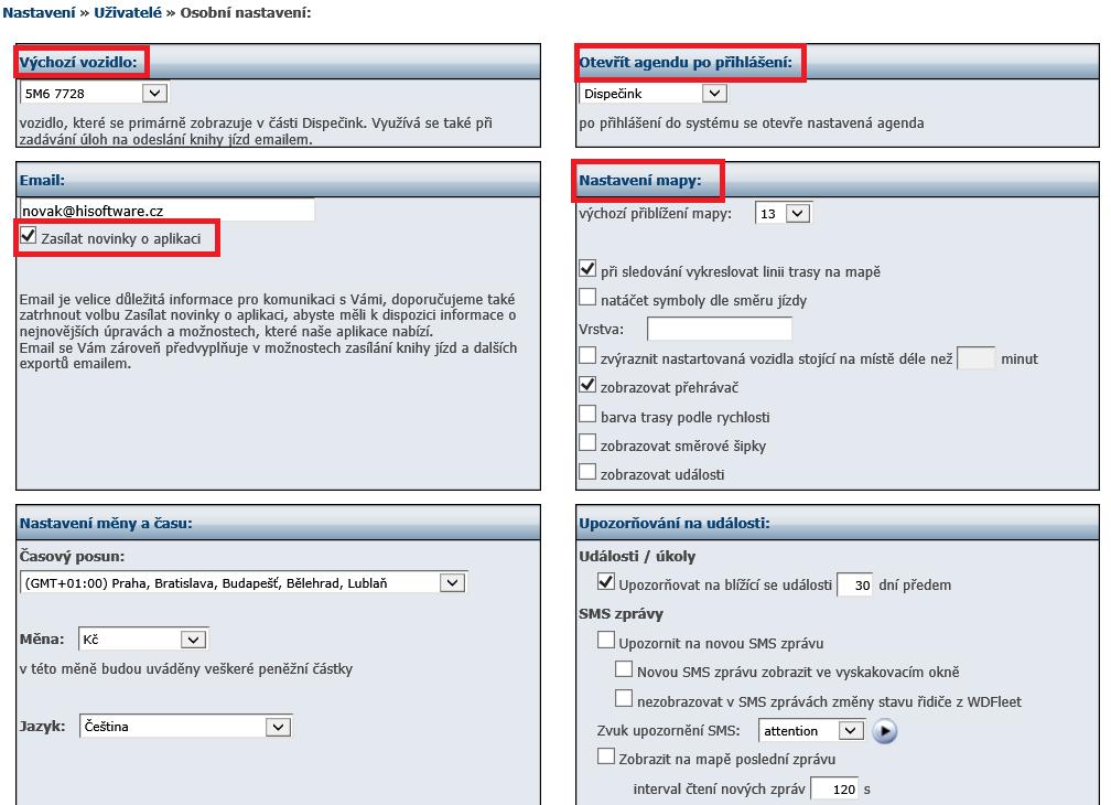 možnost povolení vykreslování linie trasy při sledování vozidel, zvýraznění nastartovaných vozidel, která stojí na jednom místě déle než stanovený časový limit, jazyk a měnu, nastavení upozornění na