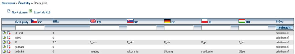 6.39 Účely jízd V tomto nastavení si může uživatel definovat účely jízd, které se mu budou nabízet v rozbalovací nabídce v editaci jízdy.