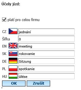 V nově otevřeném okně je pak možné provést zadání názvů účelů jízdy. A to v požadovaném jazyce nebo jazycích.