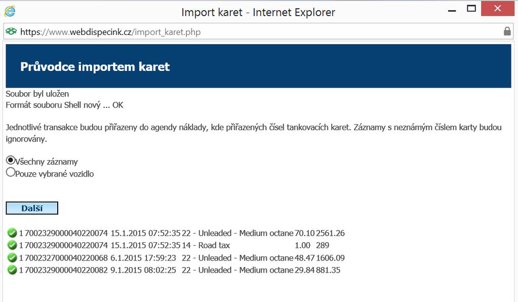 Před samotným importem je možné se ještě rozhodnout, zda se budou exportovat všechny záznamy ke všem vozidlům nebo jen k aktuálně vybranému.