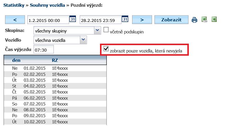 4.19 Statistika Setkání Tato statistika zobrazí, kde a kdy se zvolené vozidlo setkalo s jiným vozidlem z firemního autoparku.