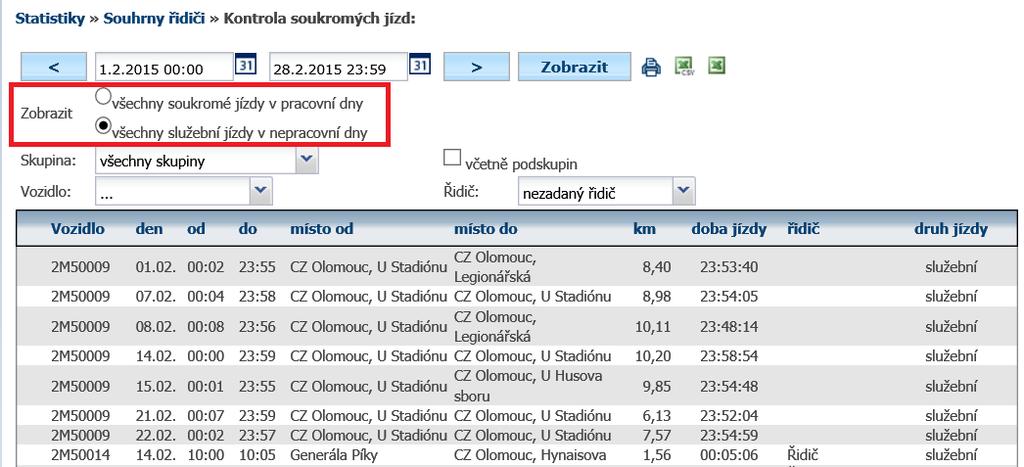 4.29 Statistika Účely jízd řidiči Tato statistika umožňuje mít přehled nad tím, s jakými účely jízd řidiči jezdí a to hromadně pro všechny