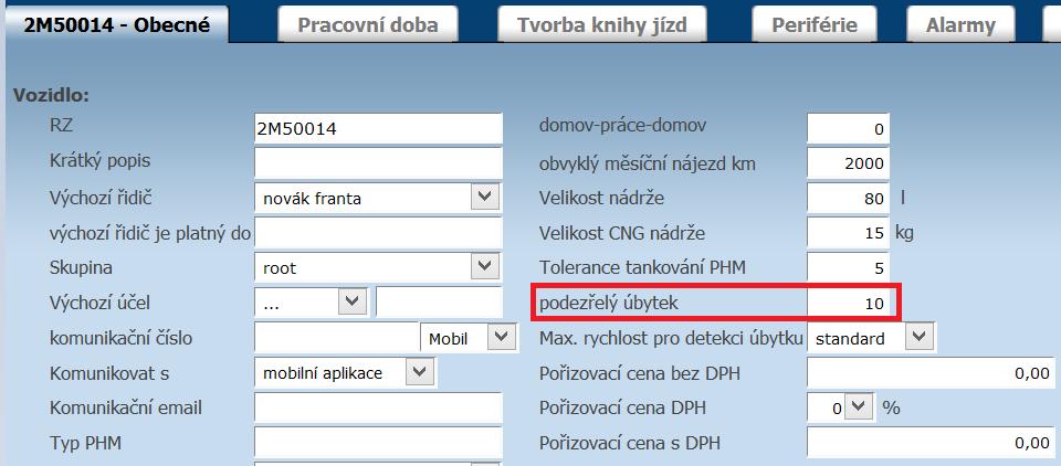 K odfiltrování odchylek měřících čidel je možné rozumně nastavit v Nastavení/Vozidla hodnotu Podezřelý úbytek.