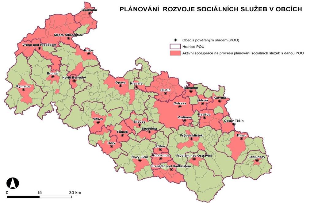 území Moravskoslezského kraje, včetně informací o strategických dokumentech obcí pro oblast plánování rozvoje sociálních služeb je součástí tabulky č. 1. a dokumentuje jej obrázek č. 3.