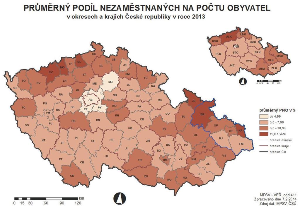 vrchol počtu registrovaných osob dosáhl v únoru 2004, kdy byl jejich počet nejvyšší za celé období, kdy je vedena evidence nezaměstnaných (1990) a dosáhl 110 792 osob.