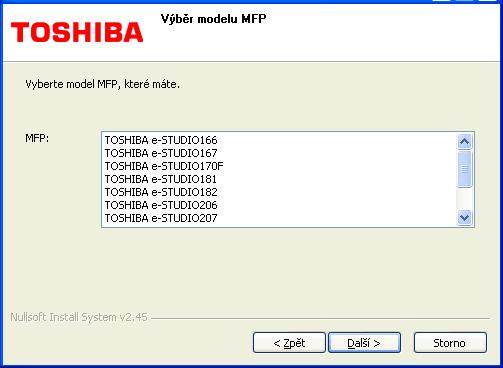 5. Vyberte TOSHIBA MFP, který máte, a pak klepněte na