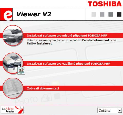 2. Automaticky by se mělo zobrazit instalační menu TOSHIBA Viewer V2 (viz níže); pokud se nezobrazí, klepněte na Start, Spustit, vepište F:\SETUP.