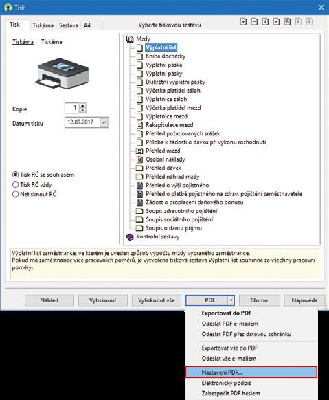 Při volbě Odeslat PDF e-mailem, resp. Odeslat vše e-mailem se vytvoří PDF soubor pro každý záznam samostatně a odešle se dle provedeného nastavení.