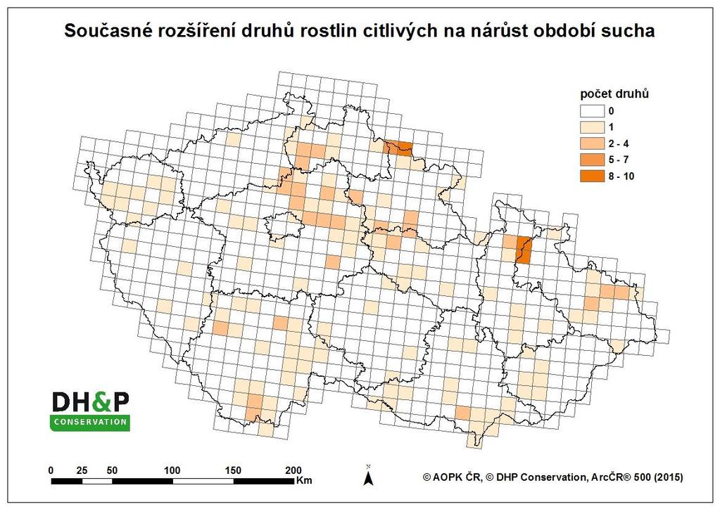 Výsledky, zobrazené v mapě, určují jako centrum výskytu druhů ptáků, citlivých na nárůst sucha, Jižní Moravu jako nejteplejší a nejsušší region v ČR.