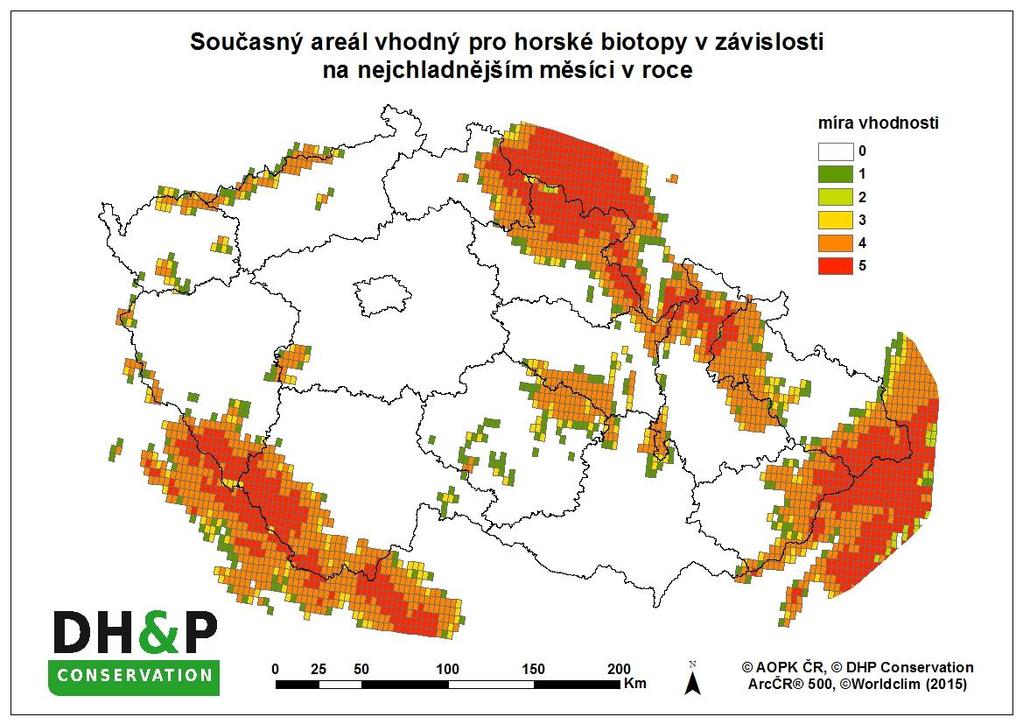 Obrázek 66 Současný areál vhodný pro horské biotopy v závislosti na nejchladnějším měsíci v roce Obrázek 67 Areál vhodný pro horské biotopy v závislosti na nejchladnějším měsíci v roce při