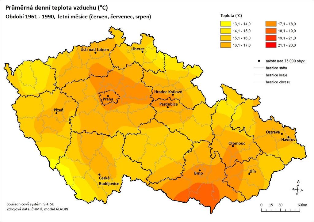 Obrázek 76 a, b, c, d Průměrné letní teploty za