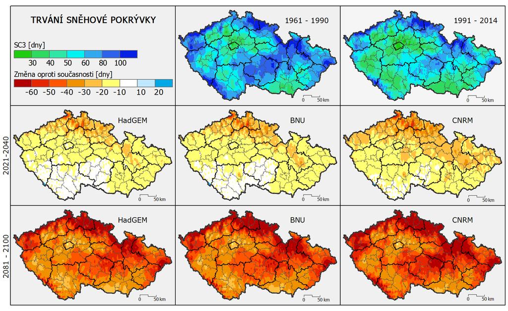 Obrázek 98 Průměrná délka trvání sněhové pokrývky (vyšší než 3 cm) v období v období 1961-1990 a 1991-2014 a jeho změna (oproti