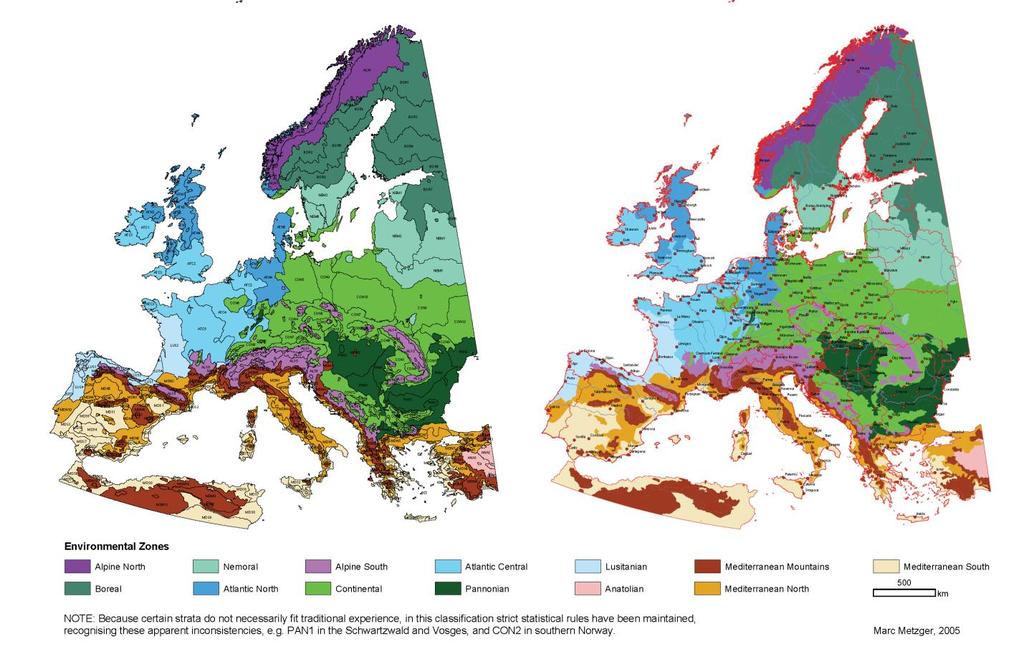 Obrázek 29 Rozdělení území Evropy do environmentálních zón Zdroj: (Metzger, 2005) Pozn: Vlevo je základní mapa s podrobnějším členěním na jednotlivé homogenní environmentální regiony.