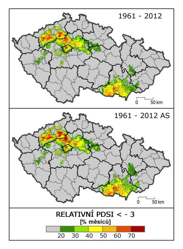 Obrázek 31 Percentuální podíl měsíců s výskytem intenzivní (a horší) suché epizody Zdroj: (Brázdil, 2015) Pozn: Vlevo na základě relativního