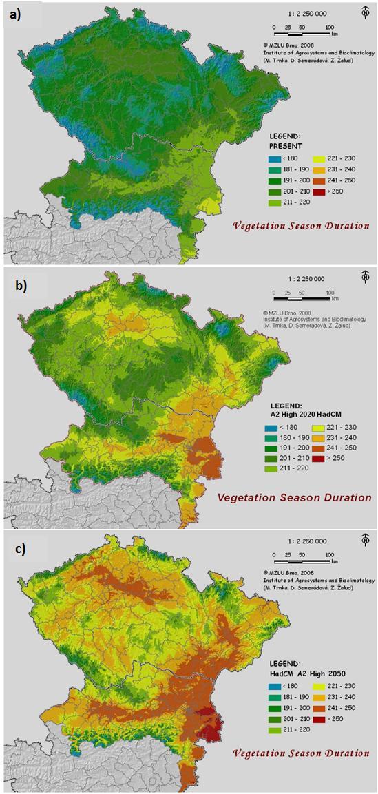 Obrázek 36 Odhadovaná průměrná délka vegetační sezóny při realizaci emisního scénáře SRES- AS a použití GCM modelu HadCM (4AR) Pozn: a) kontrolní období (1961-1990); b-c) horizont roku 2020