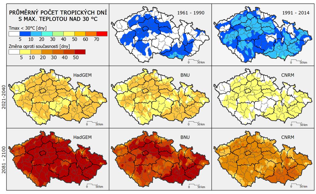 Obrázek 40 Průměrný počet dní s denní maximální teplotou > 30 C v období v období 1961-1990 a 1991-2014 a jeho změna (oproti 1991-2014) pro období let 2021-2040 a 2081-2100 pro 3 GCM modely a RCP 4.