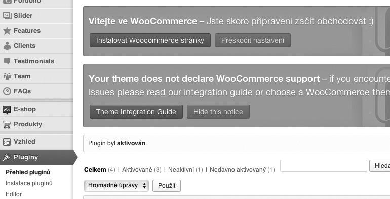 4) vaše šablona není kompatibilní s pluginem WooCommerce (nedeklaruje podporu) a naopak v druhém případě (viz obrázek 2.5) je vše v pořádku a vaše šablona plugin podporuje.