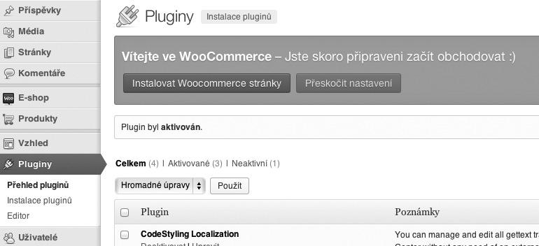 které jsou nezbytné pro správný chod e-shopu. Klepněte tedy na tlačítko Instalovat WooCommerce stránky, které se vám zobrazilo hned po aktivaci pluginu viz obrázek 2.6 (resp.