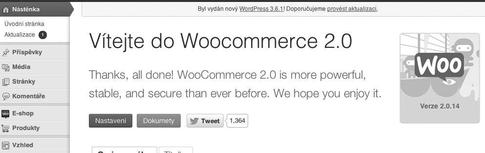 Nově vytvořené WooCommerce stránky Obrázek 2.7: Plugin WooCommerce byl kompletně nainstalován Nově vytvořené WooCommerce stránky V procesu instalace pluginu WooCommerce se vytvořily tzv.