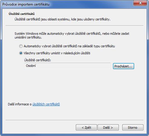 Instalace certifikátu musí být provedena na počítači a pod uživatelským účtem, pod kterým bylo provedeno vygenerování privátního klíče a žádosti o certifikát (Viz.
