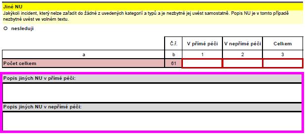 Sběr dat o počtu hlášení nežádoucích událostí CHYBY A NEDOSTATKY při vyplňování formuláře (4) NU Jiné V případě vyplnění NU Jiné je nutné vždy uvést jejich STRUČNÝ popis a specifikovat počet daných