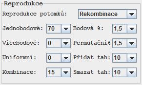 Vždy se provede jen jedna operace, za kterou může s procentuální šancí proběhnout bodová mutace nebo permutace (výměna dvou genů) chromosomu. Obrázek 3.