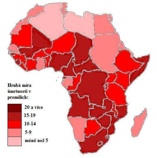 Příloha 2: Mapový náčrt-kartogram hrubé míry úmrtnosti v promilích na Africkém