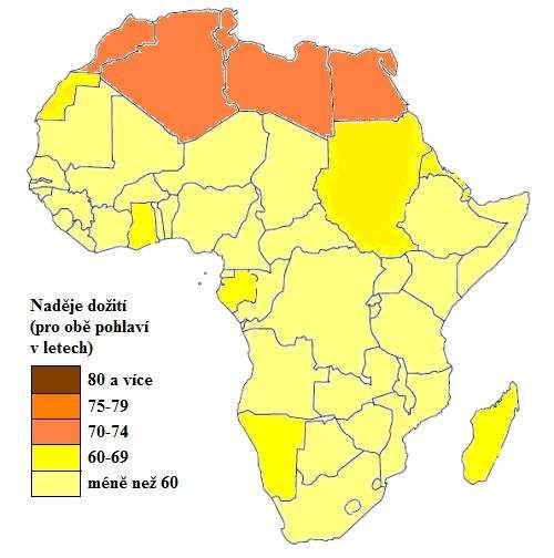 Příloha 5: Mapový náčrt-kartogram naděje dožití pro obě pohlaví na Africkém