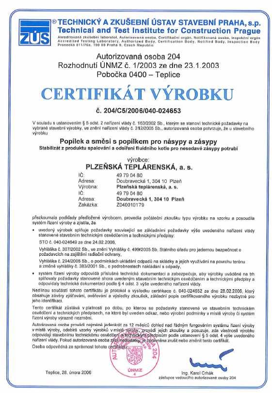elektrárny Ledvice  16 Certifikát výrobku