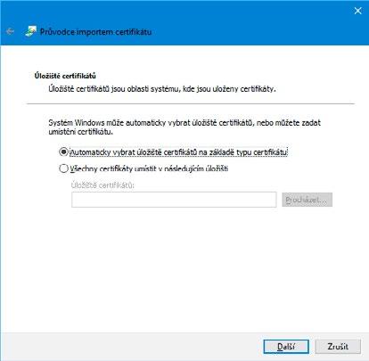 V průvodci nechte vybrané uložiště certifikátu na volbě Automaticky vybrat úložiště certifikátů na základě typu certifikátu a ukončete průvodce tlačítkem Další a Dokončit.
