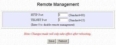 Remote Management Zde můžete zapnout vzdálenou správu routeru, nastavením portů na číslo jiné než nula, se webový/telnet interface routeru stane dostupným z internetu - doporučuji NEZAPÍNAT, jinak se