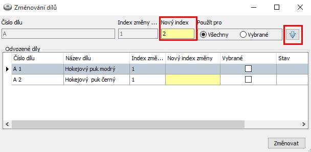 Zaškrtnutím v části Volby se odsouhlasí přenos zvolených prvků k novému dílu. PRO PŘÍPAD ZMĚNOVÁNÍ DÍLU JE NUTNO ZAŠKRTNOUT VOLBU Přidat informaci o původním dílu.