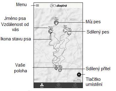 Funkce aplikace Karta mapy Zobrazení polohy Pozice psa bude zobrazena na mapě, pokud jsou zařízení správně spárována.