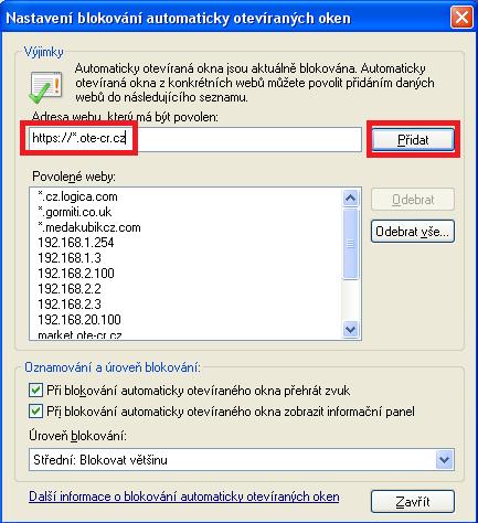 Stránky OTE přidejte do seznamu povolených stránek pro pop-up okna vypsáním URL adresy