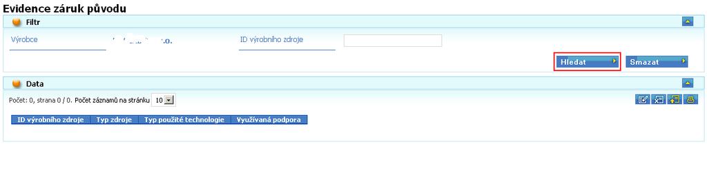 Po vyplnění výrobce a kliknutí na tlačítko Hledat se v sekci Data zobrazí seznam zdrojů výrobce.