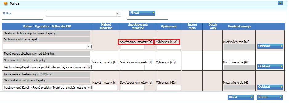 Pro zrušení již zadaného řádku slouží tlačítko Odebrat. Uložení dat tlačítkem Uložit proveďte až po zadání všech paliv, které daný zdroj spaluje a povtrďte elektronickým podpisem.