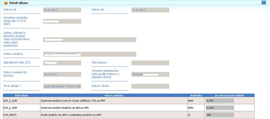 Sekce Detail výkazu po výběru kontrétního řádku v sekci Data se zobrazí souhrnná dodávka výrobny přímo připojené do sítě za zvolené období.