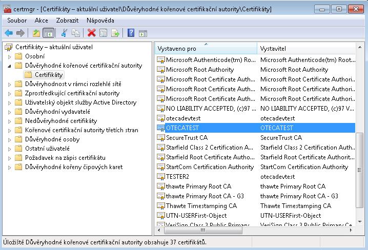 Pokud proběhl import úspěšně, certifikát OTECATEST se zobrazí v seznamu certifikátů 2.6 Aktivace certifikátu Všem uživatelům, kteří jsou vlastníci certifikátu od certifikačních autorit 1.