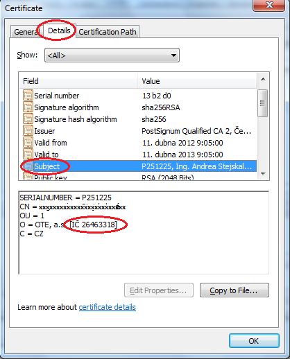 V řádcích najít položku Subject (Předmět) a v poli níže se objeví detail certifikátu, kde by mělo být IČ uvedeno, viz výše.