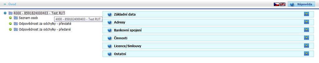 Výběrem Základní data se zobrazí následující obrazovka prezentující informace