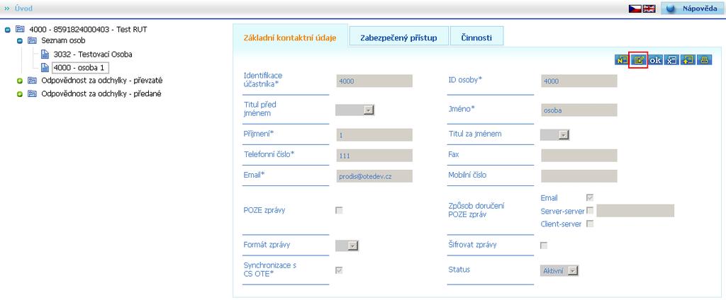 5.2.1 Správa osob v prostředí webu Každá první registrovaná osoba výrobce přes Adobe formulář má automaticky nastavenu specifickou roli pro změny svých základních údajů 5.2.1.1 Editace vlastních dat Editace vlastních dat je možné přes tlačíkot editovat.