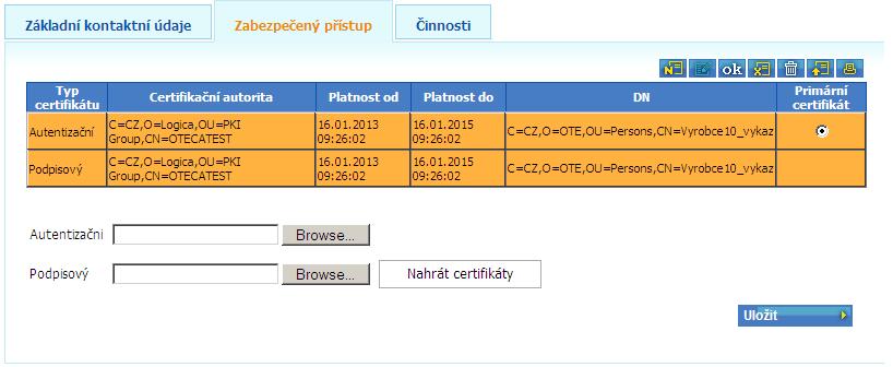 Záložka Zabezpečený přístup Slouží pro vložení veřejného klíče certifikátu. Je možno každé osobě přiřadit až 4 páry (přístupový + podpisový, které jsou ve většině případů shodné) certifikáty.