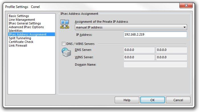 Obrázek 23: NCP Secure Entry Client Identities Stejnou IP adresu (192.168.2.219 dle vzorového situace) je nutné vyplnit také na stránce IPsec Address Assignment.