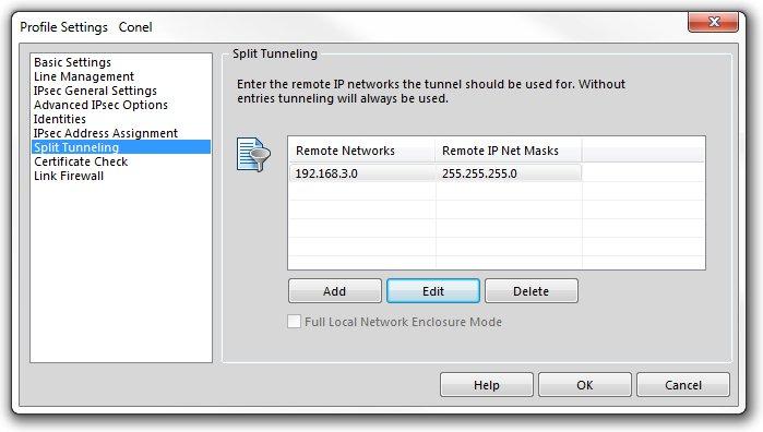 Obrázek 25: NCP Secure Entry Client Add IP network V původním okně na stránce Split Tunneling se objeví zadané údaje.