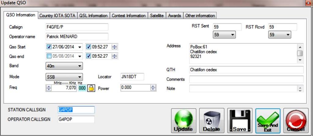 V tomto okně lze provést úpravy stávajícího QSO. Záznam lze aktualizovat kliknutím na zelené tlačítko "Update".