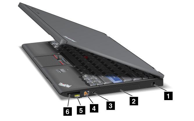 Pohled z pravé strany V této části je zobrazen pohled zprava na váš počítač. Pohled zprava na modely ThinkPad X220 a X220i Obrázek 3.