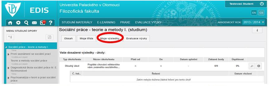 Moje výsledky Díky záložce Moje výsledky budete mít vždy kompletní přehled o plnění jednotlivých úkolů v rámci předmětu, o jejich hodnocení a získaných bodech.