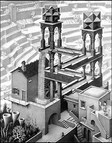 Maurits Cornelis Escher Lineární perspektiva Jednoúběžníková perspektiva: interiery, letecké snímky, snímky z výšky také průčelná perspektiva, příklad fotografie s osou fotoaparátu vodorovnou, kolmou
